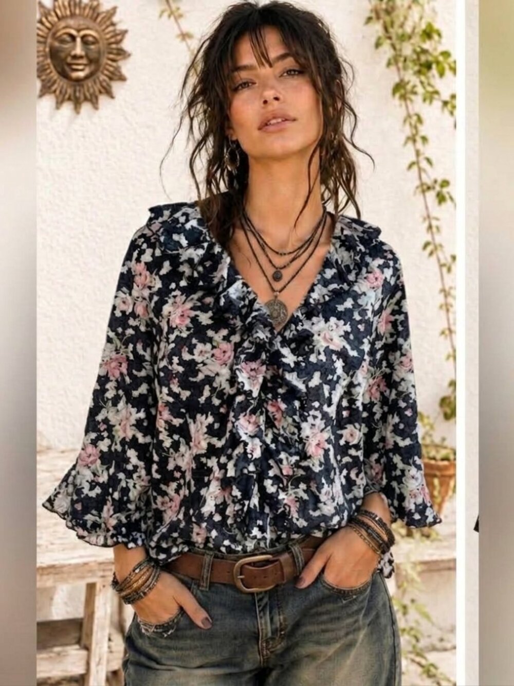 Lauren Jeans Co Ralph Lauren Black Pink Floral Ruffle Blouse Size Medium